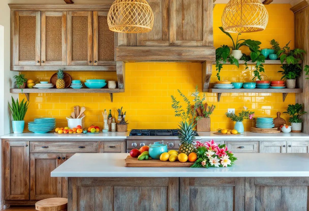 This tropical kitchen radiates warmth and vibrancy with its lively yellow backsplash, which provides a sunny backdrop to the space. The natural wood cabinetry adds a rustic charm, enhancing the kitchen's inviting atmosphere. Open shelving displays a beautiful collection of colorful plates and bowls, contributing to the kitchen's dynamic look. The inclusion of fresh fruits and lush greenery brings a refreshing burst of natural elements that emphasize the tropical theme.

Hanging wicker pendant lights add an artisanal touch, casting a warm glow over the clean, white countertops. The arrangement of plants and flowers injects life and color, creating a sense of being in an oasis. Each element in this kitchen, from the colorful dishware to the citrus fruits, harmoniously blends to evoke the essence of a tropical paradise, offering a serene yet energizing setting for cooking and gathering.