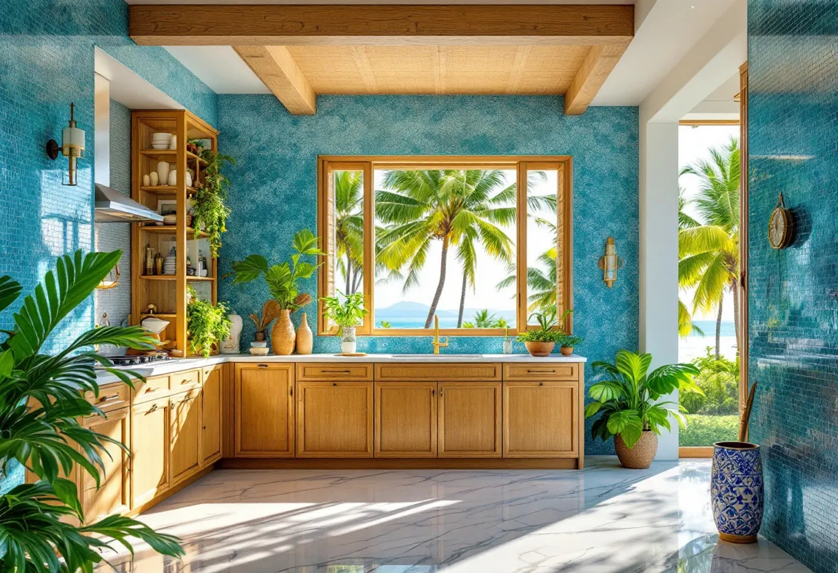 This tropical kitchen exudes a serene and inviting atmosphere, embodying the essence of an island paradise. The walls are adorned with vibrant turquoise tiles, reminiscent of the nearby ocean, creating a refreshing and cool backdrop. Natural wooden cabinetry adds warmth to the space, harmonizing perfectly with the lush green plants that add a touch of nature and freshness. The open layout ensures a seamless flow of energy and light, amplified by the generous window offering a breathtaking view of palm trees and the tranquil sea beyond.

A strategic arrangement of potted plants and earthy elements infuses the kitchen with a calming, nature-inspired vibe. The ceiling beams add an architectural interest, enhancing the rustic charm. The integration of a few select ceramic and rattan accents further strengthens the tropical motif. Overall, this tropical kitchen is not just a culinary workspace but an oasis of relaxation and beauty, capturing the essence of a luxurious coastal retreat.