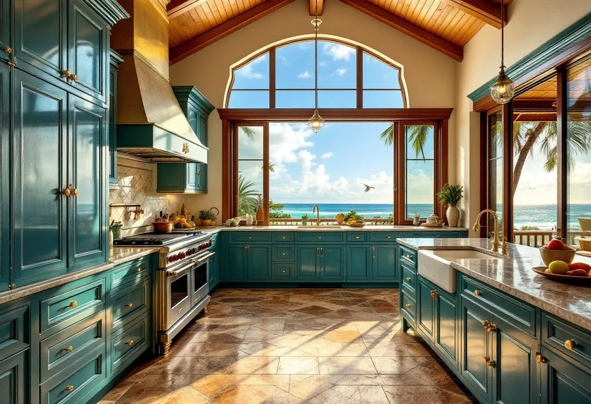 This tropical kitchen features a stunning combination of natural elements and vibrant colors, creating a truly inviting and harmonious atmosphere. The space is dominated by large windows that let in an abundance of natural light, highlighting the striking aqua-hued cabinetry that adds a refreshing and calming tone to the room. The windows also offer a breathtaking view of the ocean, enhancing the tropical ambiance and making the kitchen feel expansive and connected to the outdoors. The high, arched ceiling with wooden beams adds warmth and character while contributing to the overall spaciousness.

The kitchen is equipped with elegant, modern appliances that blend seamlessly with the classic cabinetry, ensuring functionality without compromising style. The countertops, made of a sleek material, provide ample workspace and complement the cabinetry with their neutral tones. An apron-front sink adds a touch of traditional charm, while the gold hardware and fixtures introduce a touch of luxury. There are touches of greenery with potted plants strategically placed, adding a natural element that enhances the tropical vibe, making the kitchen not only a place for cooking but also a serene retreat.