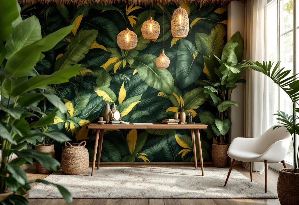 This tropical office captures a serene and inviting ambiance, drawing the essence of a lush rainforest into an indoor setting. The striking wallpaper behind the desk features a vibrant array of green and yellow leaves, creating a lively backdrop that immediately transports one to a tropical paradise. The natural lighting filtering through the semi-transparent white curtains enhances the space, casting a warm glow that complements the greenery. Overhead, woven pendant lights hang, adding an organic texture that contributes to the room's relaxed and earthy vibe. 

The furnishings bring together style and simplicity, with a smooth wooden desk adorned with minimalistic decor, including a few books and artistic pieces. A modern white chair with wooden legs is strategically placed to provide comfort while maintaining the room's clean lines. Potted plants strategically positioned around the office enhance the tropical theme, infusing the space with life and freshness. A soft, neutral-toned rug covers the wooden floor, balancing the room's vibrant elements. Overall, this tropical office achieves a harmonious blend of natural aesthetics and modern functionality.