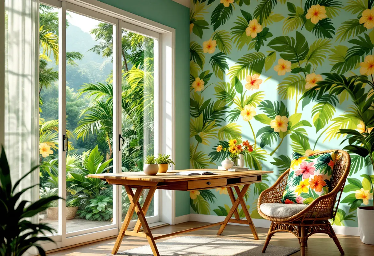 This tropical office exudes a vibrant and energetic atmosphere, combining elements of nature and modern design. The room is filled with natural light streaming through large glass doors, providing a seamless transition to the lush greenery outside. The walls feature a rich, colorful tropical pattern adorned with bright green palm leaves and vivid yellow and orange hibiscus flowers, creating an invigorating backdrop. Complementing this lively design, a wooden desk with clean lines and a minimalistic design is centrally positioned, adding warmth and an organic feel to the space.

The seating area includes a wicker chair with a cushion that harmonizes with the overall tropical theme through its floral and leaf pattern. The decor is thoughtfully arranged with small vases of vibrant flowers that mirror the hues of the wallpaper, bringing continuity and a touch of elegance to the office. The use of natural materials like wood and wicker, combined with the abundance of natural light, evokes a sense of tranquility and inspiration, making it an ideal space for creativity and productivity.