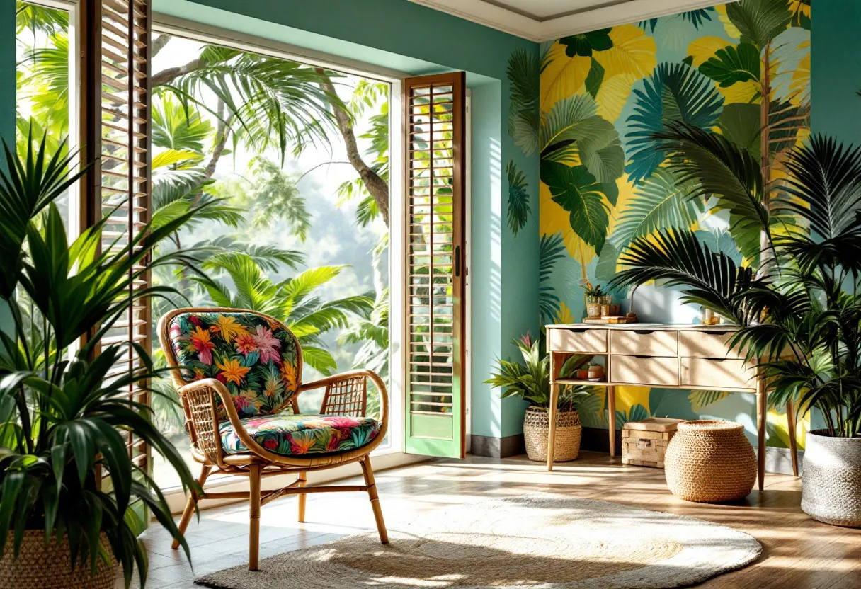 This tropical office exudes a vibrant and refreshing atmosphere, with its lush greenery and natural elements. The walls are adorned with botanical wallpaper, featuring large, colorful tropical leaves in shades of green, yellow, and teal, which create an immersive, lively backdrop. Large windows with wooden shutters allow an abundance of natural light to flood the room, enhancing the bright and airy feel. The view outside reveals an array of lush foliage, seamlessly connecting the indoor and outdoor spaces.

The furniture complements the tropical theme with its natural textures and colorful accents. A rattan chair with floral upholstery adds a touch of elegance and comfort, while woven baskets and potted plants enhance the organic aesthetic. A light wooden desk with sleek, minimalistic lines serves as a functional workspace, equipped with decorative items that personalize the area. A circular woven rug anchors the room, adding warmth and texture to the space, ultimately creating a serene and inspiring environment for work or relaxation.