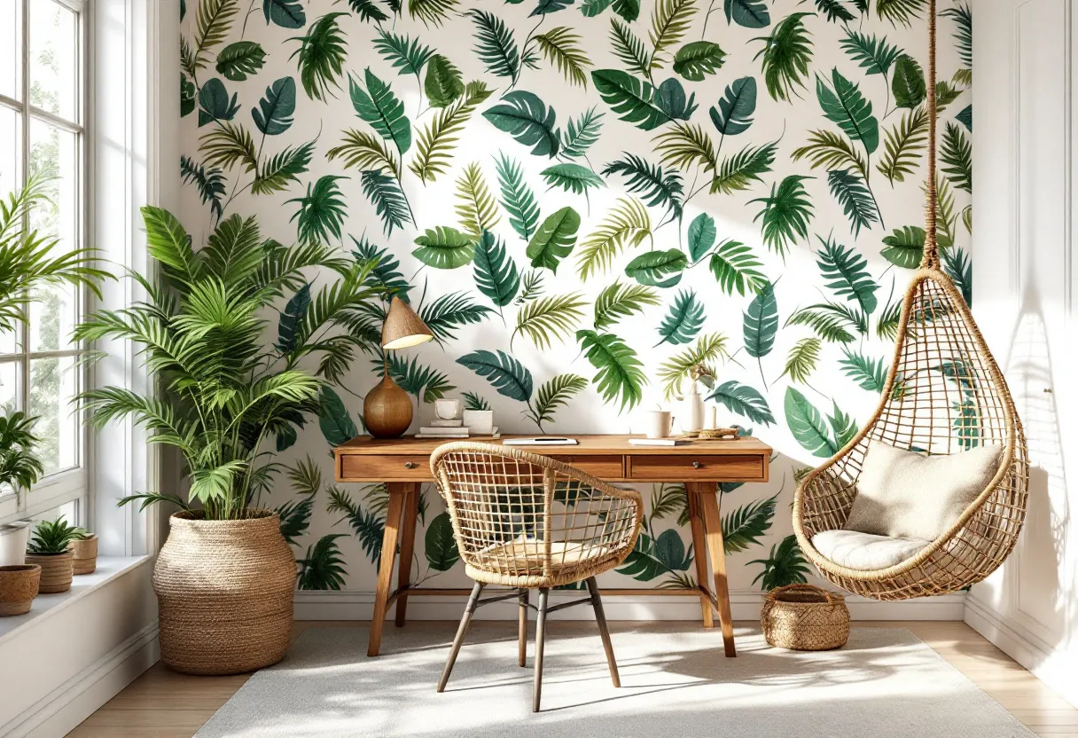 This tropical office exudes a relaxing and vibrant atmosphere, bringing the lush beauty of the outdoors inside. The wallpaper features a stunning array of green tropical leaves, adding a lively touch that energizes the space. Natural light floods the room through large windows, enhancing the vibrant wallpaper and creating a bright and welcoming environment. A wooden desk with a simple, elegant design stands as the centerpiece, perfectly complementing the tropical theme. 

The decor is harmoniously aligned with the tropical feel, featuring a wicker chair and a hanging rattan chair that add an element of comfort and leisure. Potted plants in woven baskets are strategically placed, further enhancing the verdant feel of the office. A small table lamp with a natural texture sits on the desk, providing additional warmth. The neutral tones of the furnishings balance the vibrant greenery, making this office a serene and inspiring place to work.