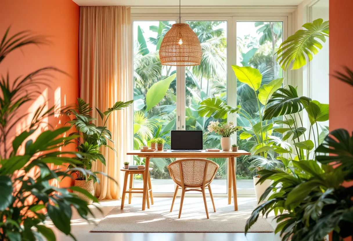 This tropical office is an inviting blend of natural elements and vibrant hues, creating a serene and energizing atmosphere. The warm coral walls evoke a sense of calmness while contrasting elegantly with the abundant greenery that fills the space. Large windows allow natural light to flood in, highlighting the lush tropical plants that surround the office and providing a view of the verdant foliage outside. These elements together create a seamless indoor-outdoor connection, making the workspace feel like an extension of the tropical landscape.

The furniture features natural materials and light wood tones, enhancing the overall organic theme. A woven pendant light adds texture and warmth above the workspace, which is neatly arranged with potted plants that add a refreshing touch of life and color. The minimalistic setup fosters concentration and creativity, while the presence of greenery promotes relaxation and reduces stress. This tropical office perfectly balances functionality with a tranquil environment, ideal for fostering productivity and inspiration.